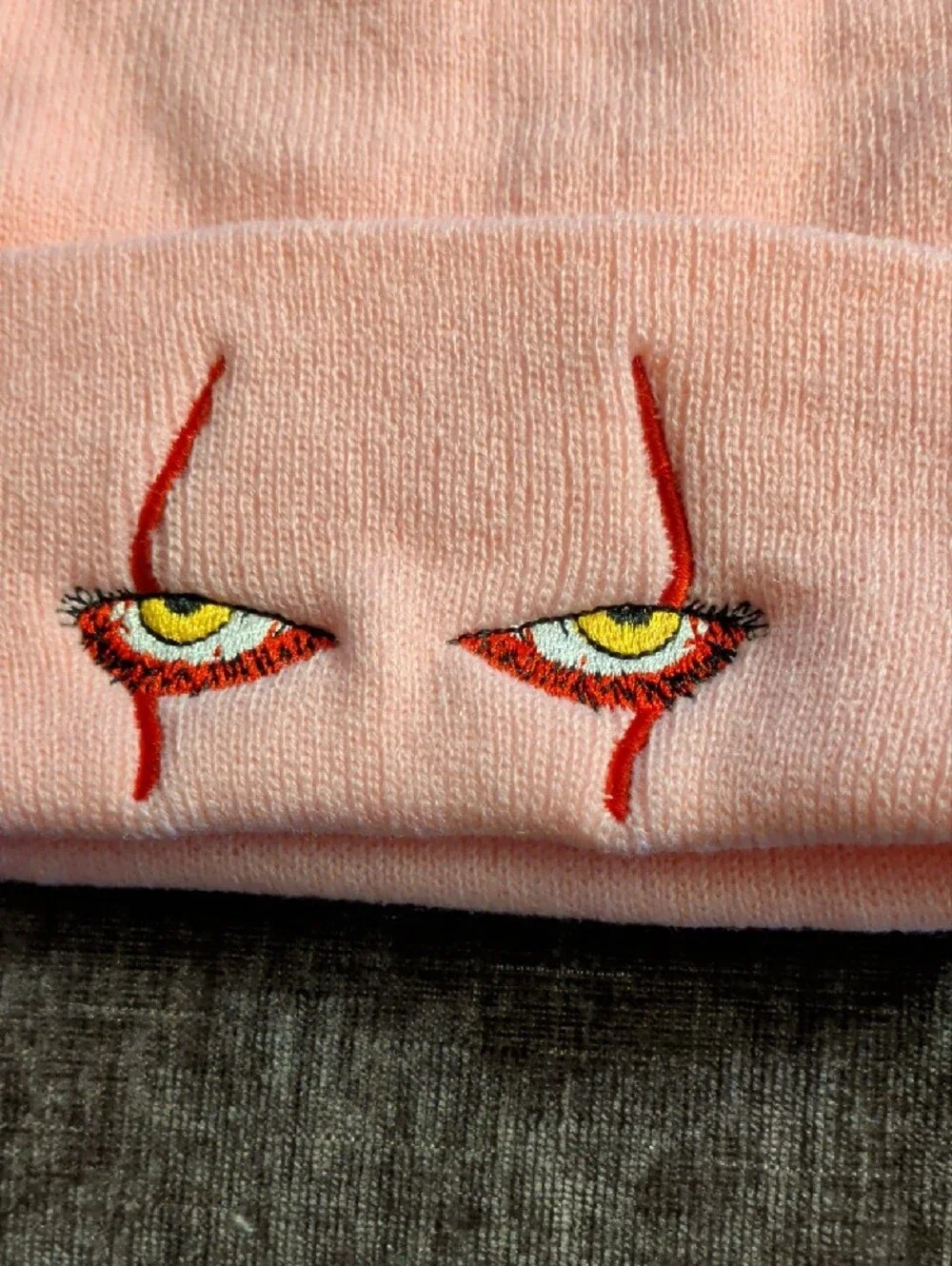 Kids Pink Knit Stephen King Pennywise Beanie Hat with Embroidered Accent